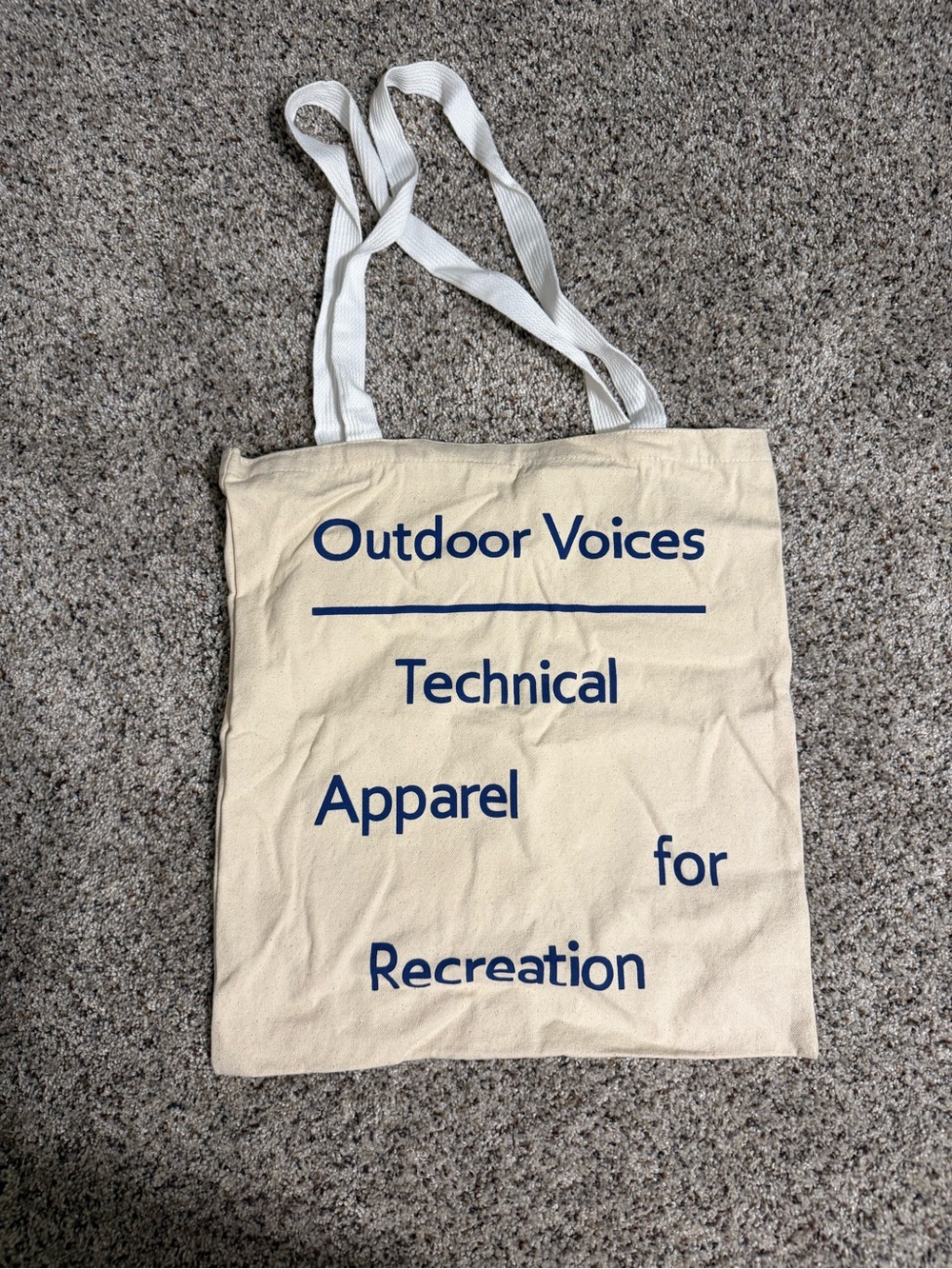 Outdoor Voices Cream Canvas Tote with Blue Text